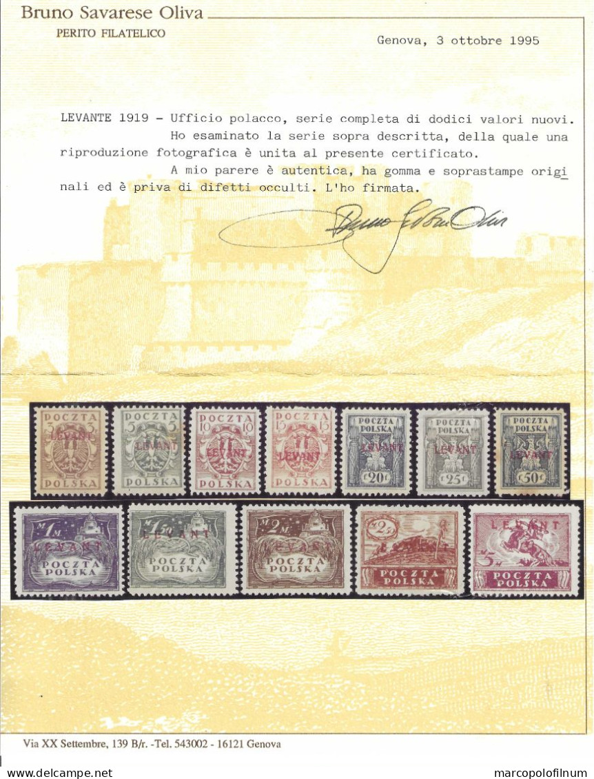 1919 - POLONIA - LEVANTE - UFFICIO POLACCO - SERIE COMPLETA DI 12 VALORI - NUOVI CON LINGUELLA - CERTIFICATO DI GARANZIA - Levant (Turquie)