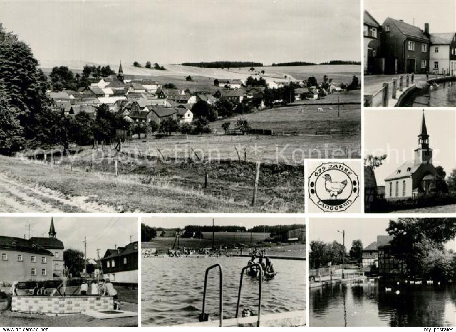 73544828 Langgruen Panorama Teilansichten Motiv Mit Kirche Freibad Handabzug Lan - Schleiz