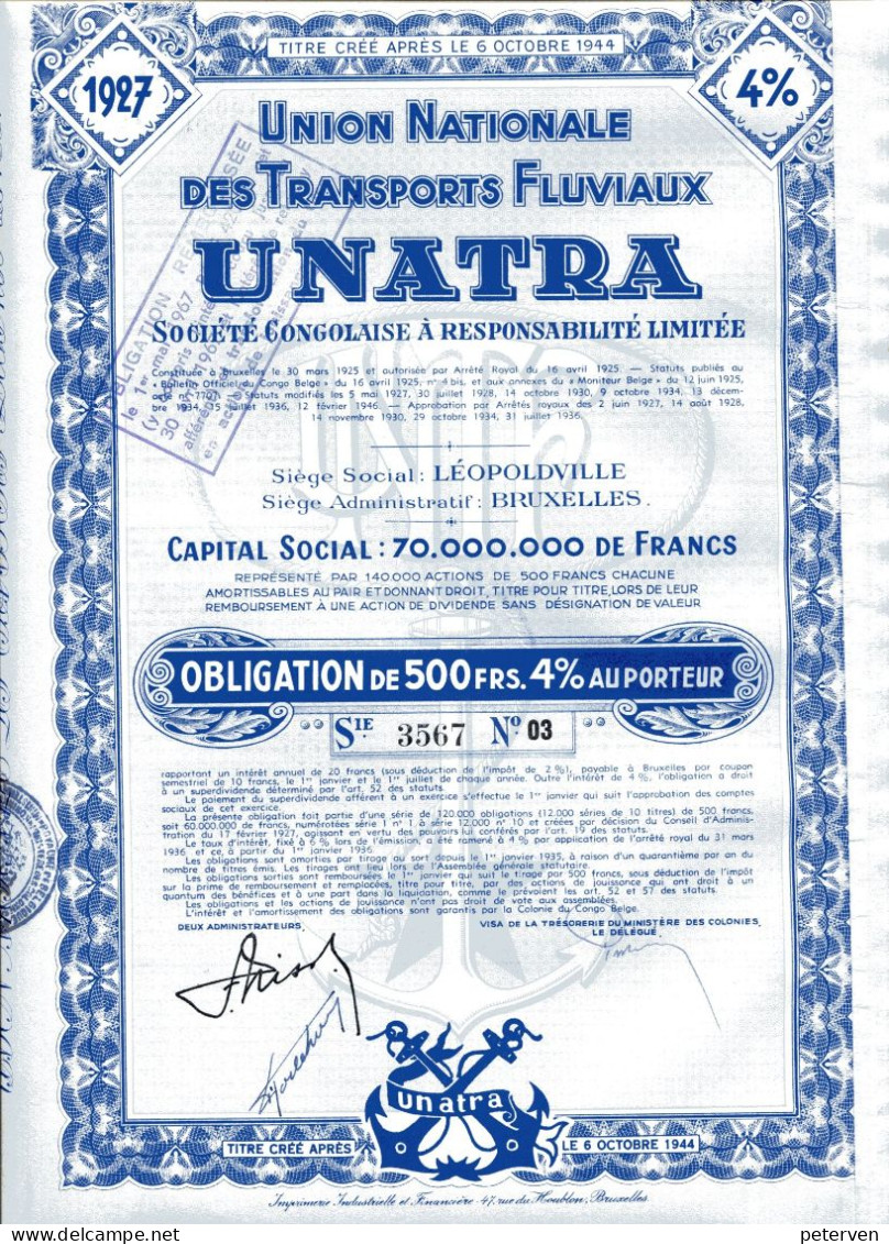 UNATRA - Union Nationale Des Transports Fluviaux; 4% Obligation - Afrika