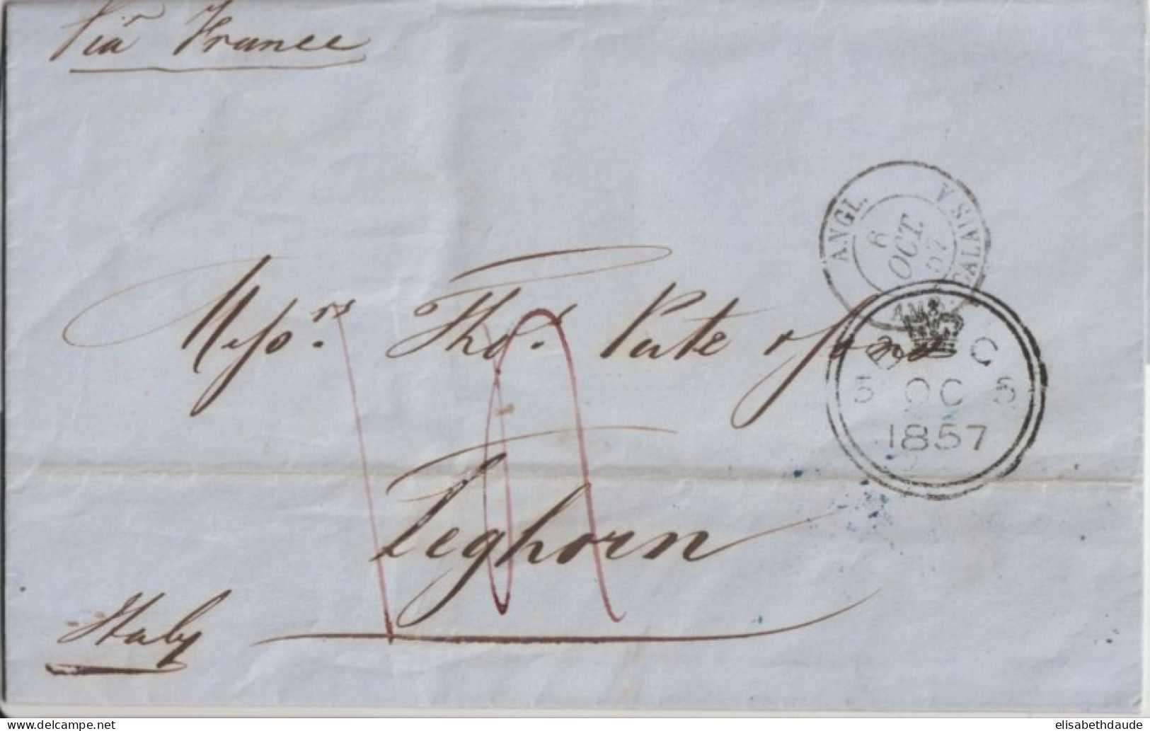 1857 - LETTRE De LONDRES (GB) => LIVORNO (ITALIE) ! TRANSIT FRANCE ENTREE CALAIS AMBULANT "A" - Marques D'entrées