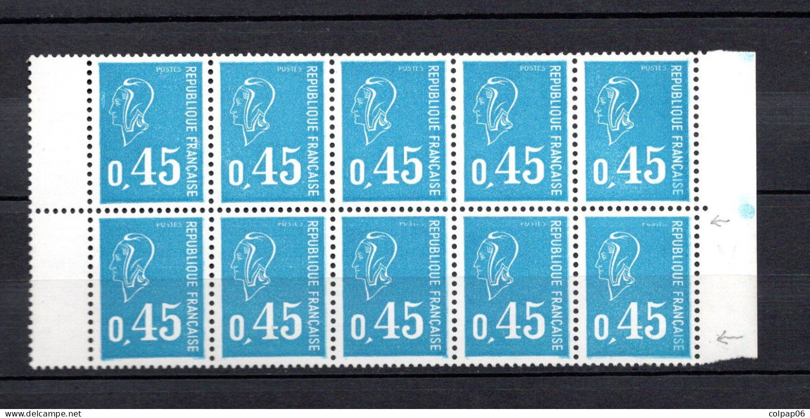 Marianne Bequet - 1971 - 45c N°1663 Bleu - POSTES Estompées - 5 Exemplaires Dans Un Bloc De 10 - 1971-1976 Maríanne De Béquet