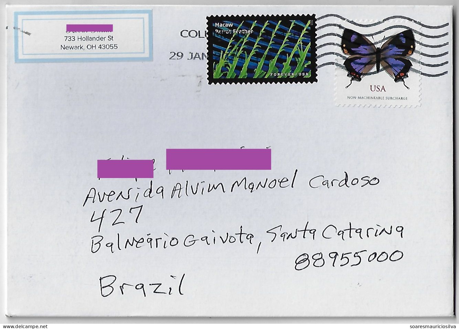 USA 2024 Cover From Columbus To Brazil Stamp Macaw Parrot Feather Forever + Butterfly Non-Machinable Stamp Sorting Mark - Lettres & Documents