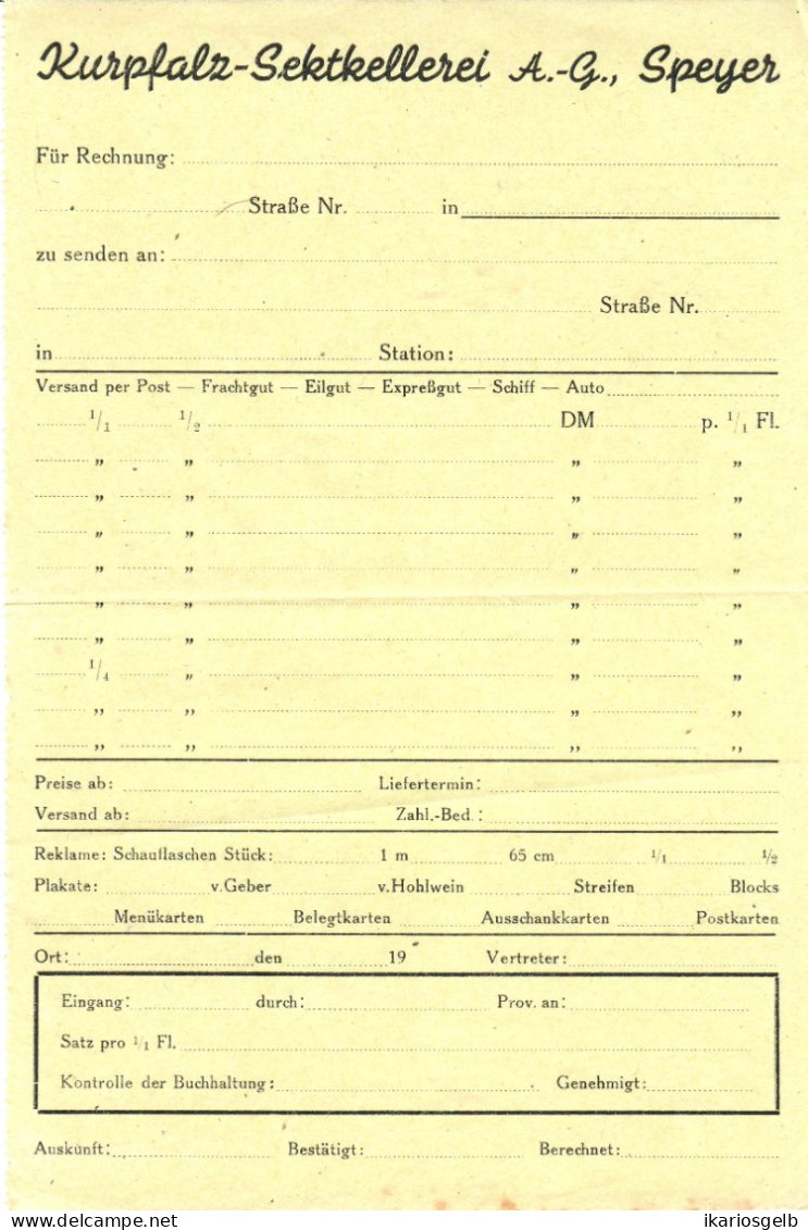 Speyer 1952 Rechnung Formular " Kurpfalz-Sektkellerei AG  " - Levensmiddelen