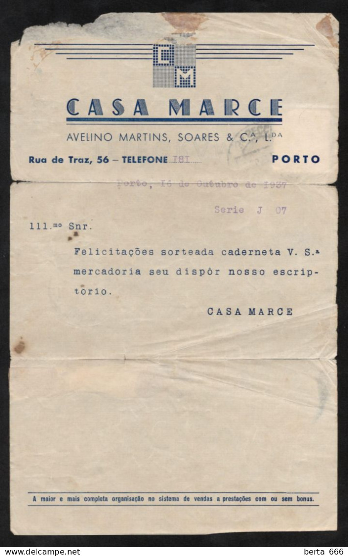 Telegrama * Casa Marce * Porto > S. Mamede De Infesta * 1937 * Portugal Telegram - Cartas & Documentos