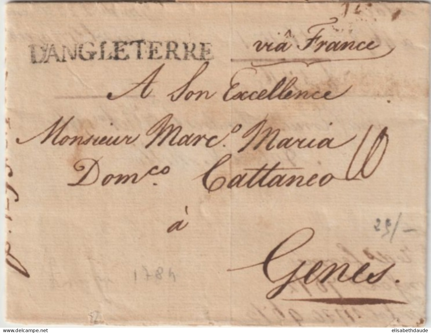 1786 - LETTRE De LONDRES (GB) => GENES (ITALIE) ! TRANSIT FRANCE ENTREE "DANGLETERRE" LINEAIRE SUP ! - Marques D'entrées