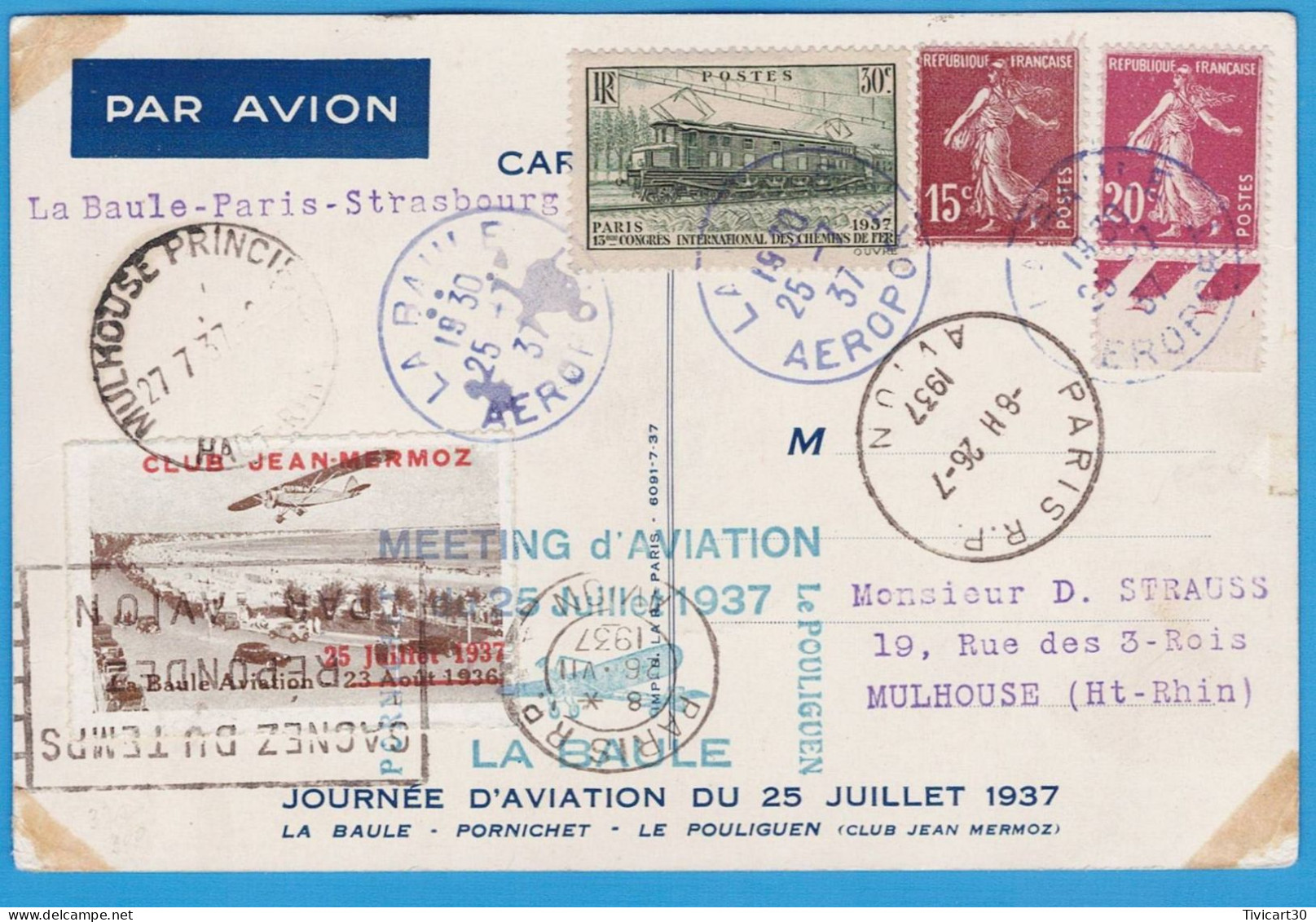 CP PAR AVION - AEROPORT ESCOUBLAC - MEETING D'AVIATION 25 JUILLET 1937 - VIGNETTES "LA BAULE AVIATION" - CLUB MERMOZ.... - Demonstraties