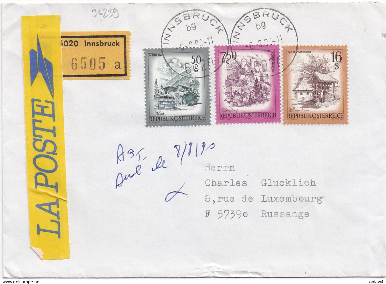 36239# LETTRE RECOMMANDEE EINSCHREIBEN Obl INNSBRUCK 1990 Pour RUSSANGE MOSELLE 57 AUDUN LE TICHE - Storia Postale