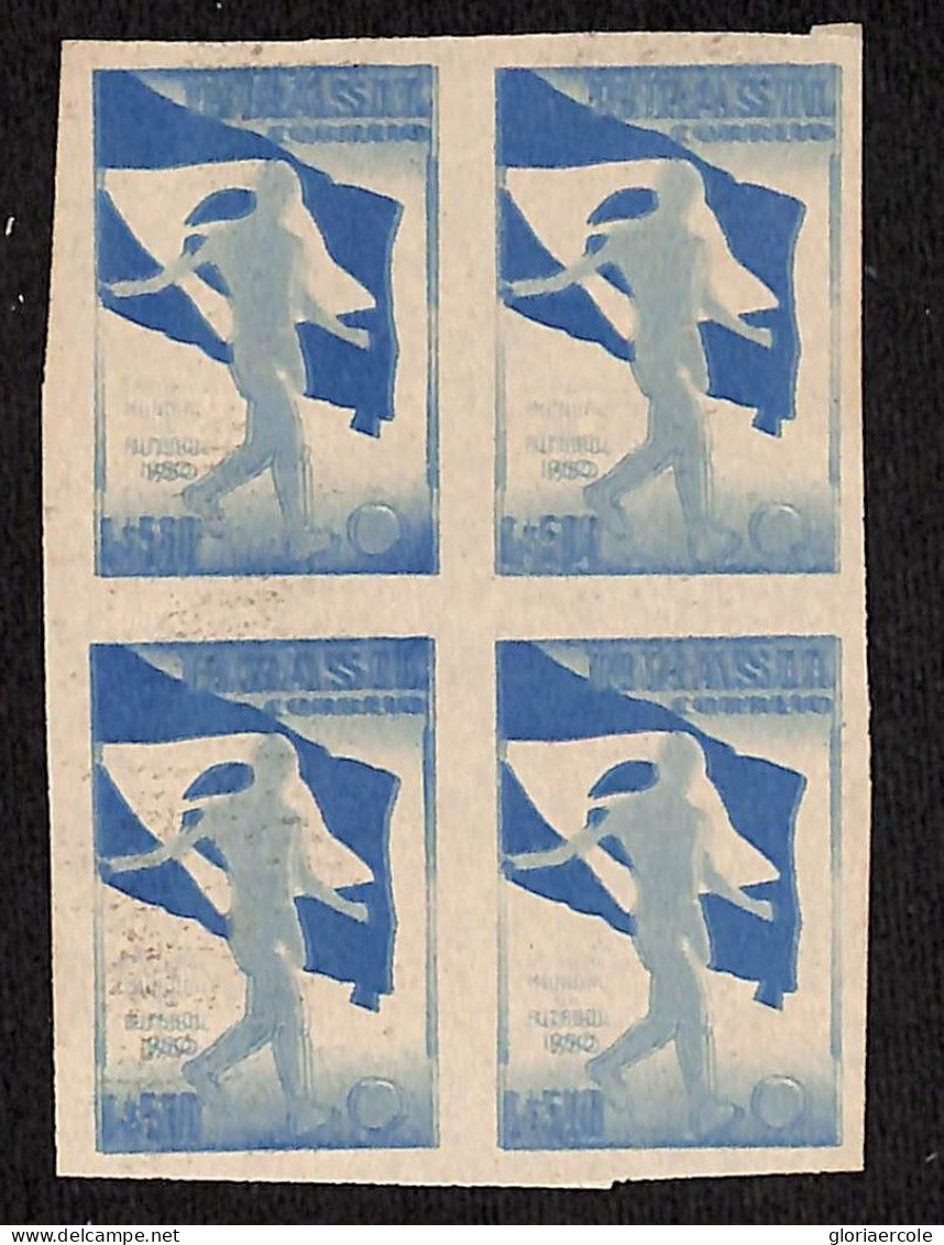 A1194  - BRAZIL - IMPERF Proof BLOCK Of 4 -  1950  FOOTBALL - Blue On GUMMED PAPER - Nuevos