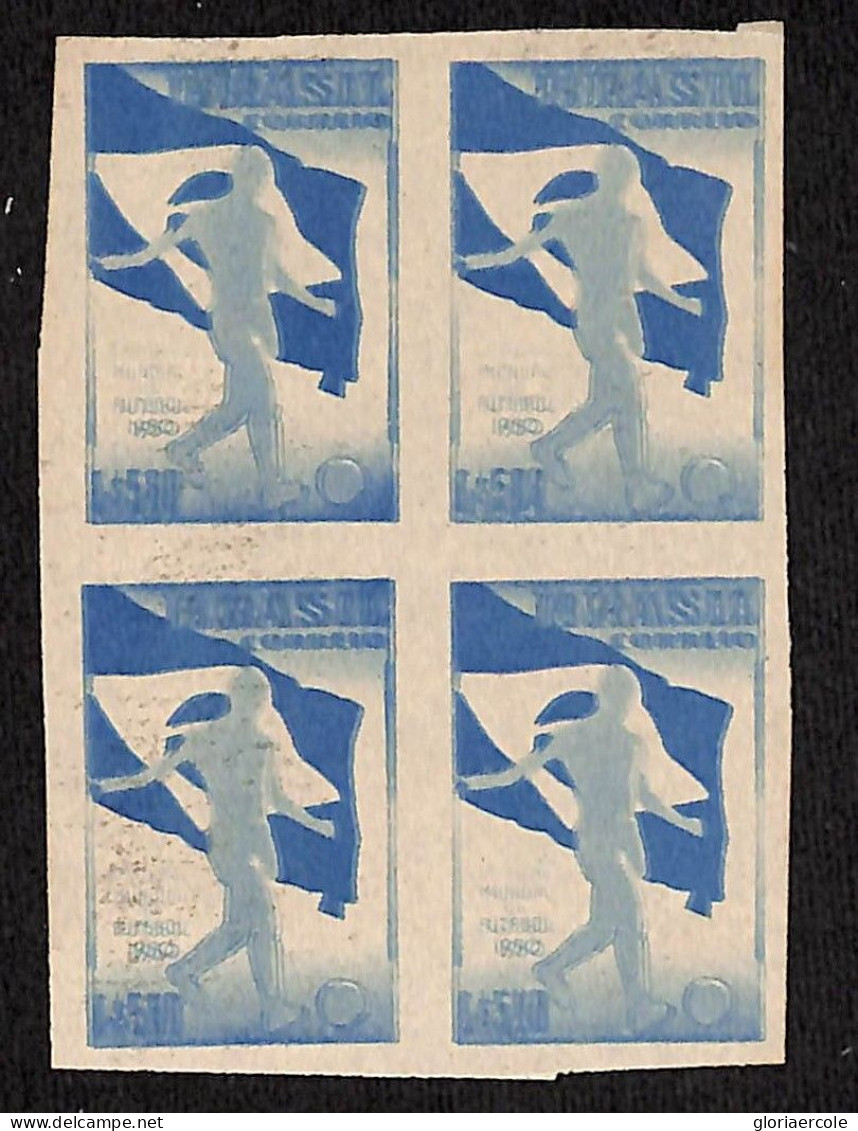 A1194  - BRAZIL - IMPERF Proof BLOCK Of 4 -  1950  FOOTBALL - Blue On GUMMED PAPER - Neufs