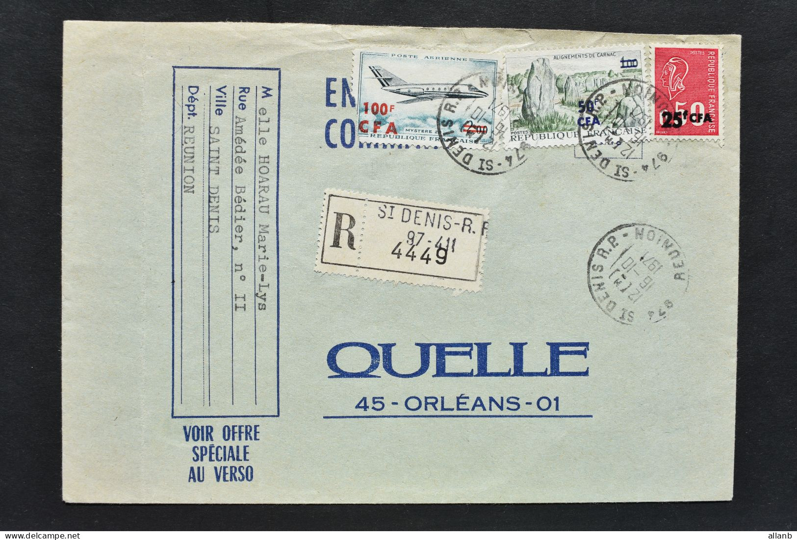 Réunion - CFA  Mystère 20 Carnac - Béquet N° PA 61 - 377 - 393 Sur Lettre Recommandée De Saint Denis Du 16 Octobre 1971 - Brieven En Documenten