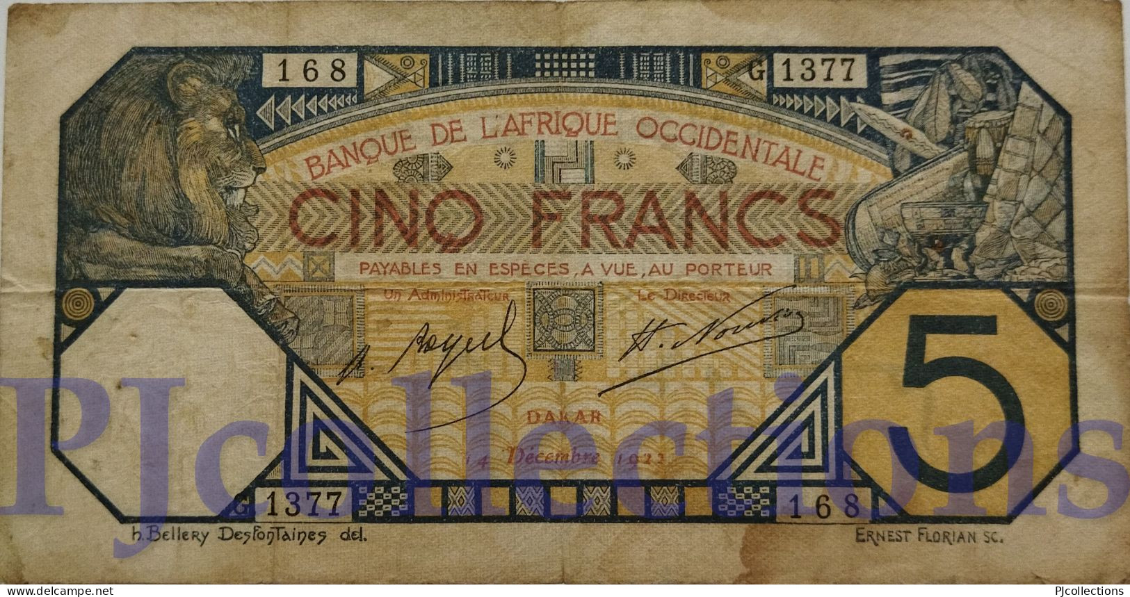 FRENCH WEST AFRICA 5 FRANCS 1922 PICK 5Bb AVF W/PINHOLES - Other - Africa