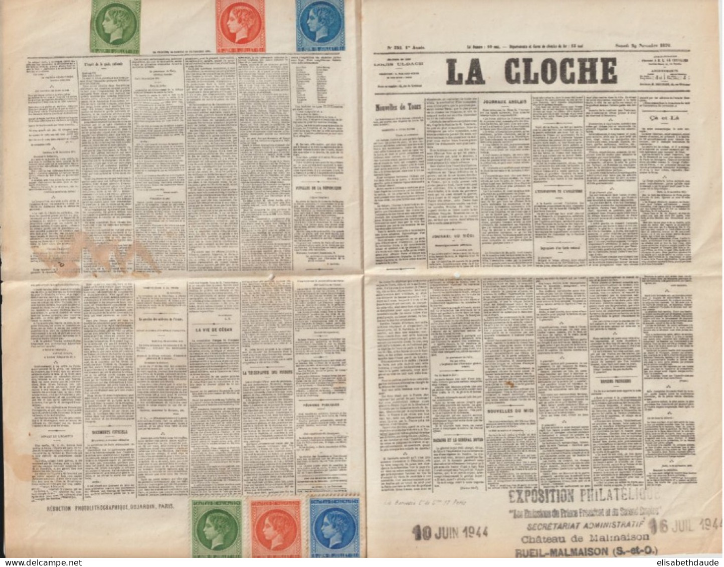 1944 - TIMBRES VIGNETTES EXPO CHATEAU DE MALMAISON "EMISSIONS SECOND EMPIRE" Sur DOCUMENT REPRO "LA CLOCHE" 1870 - Expositions Philatéliques