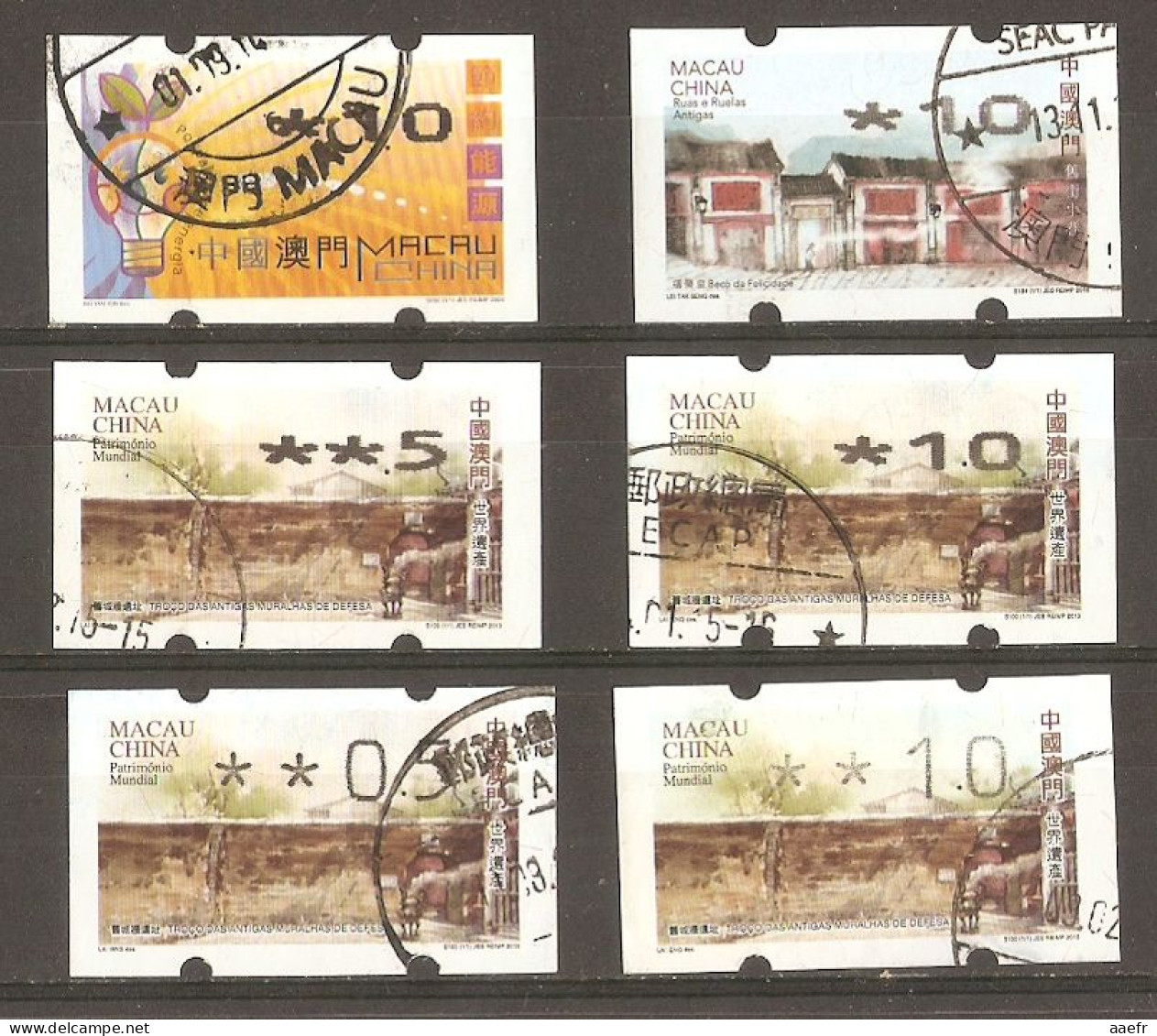 Macao 2002/2011- Petit Lot De 6 Timbres De Distributeurs Oblitérés - Save Energy - World Heritage - Old Street - Automaten