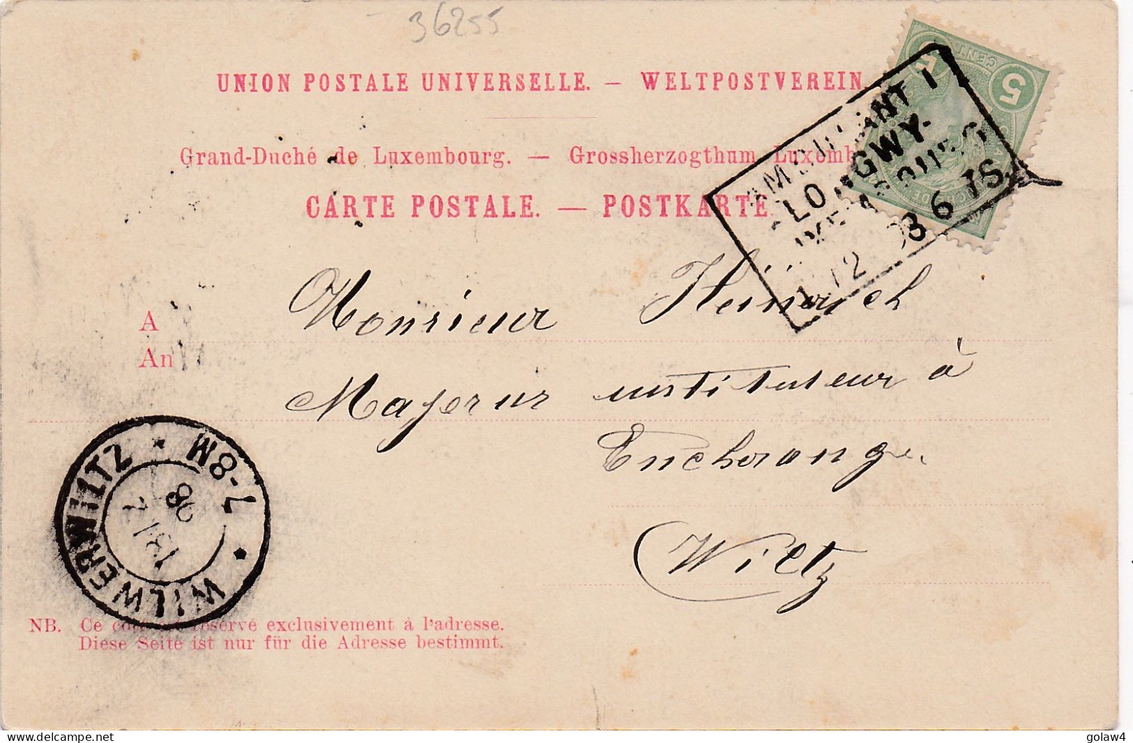 36255# CARTE POSTALE ESCH SUR ALZETTE PANORAMA Obl AMBULANT LONGWY LUXEMBOURG 1898 AMBULANT Pour ENCHERANGE WILTZ - 1895 Adolphe Right-hand Side