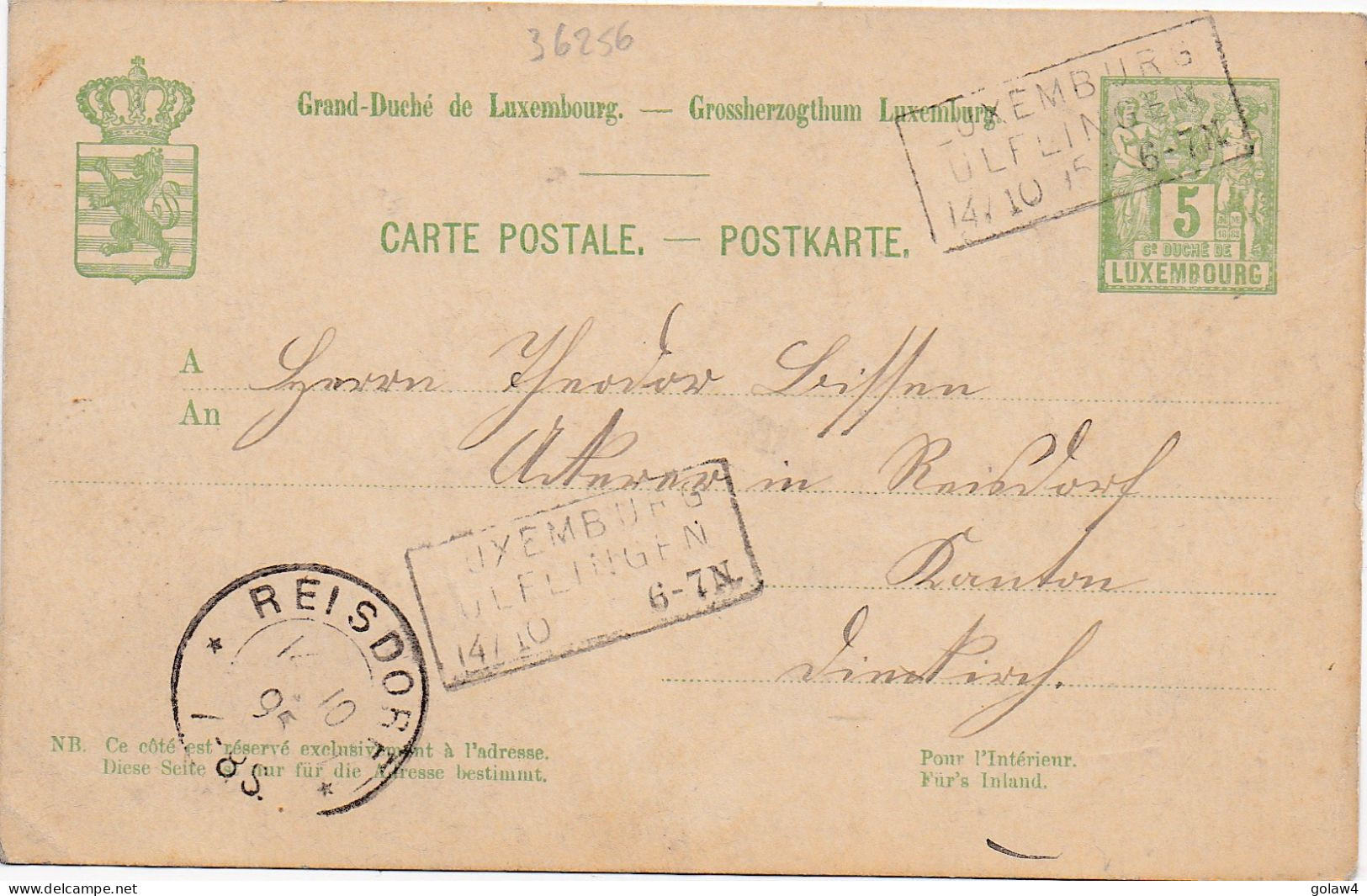 36256# ENTIER POSTAL CARTE Obl LUXEMBOURG ULFINGEN 1895 TROIS VIERGES AMBULANT Pour REISDORF - Postwaardestukken
