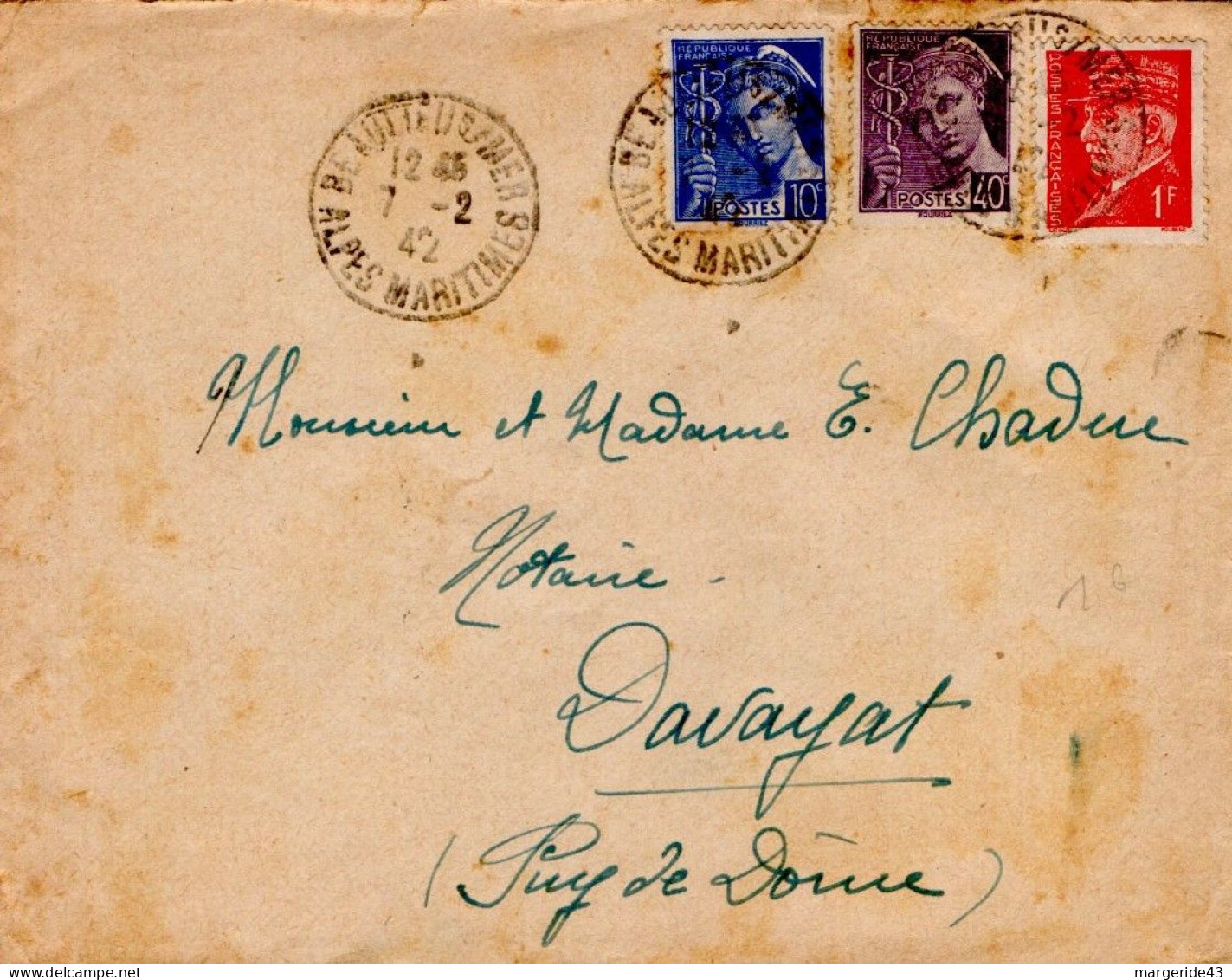AFFRANCHISSEMENT COMPOSE SUR LETTRE DE BEAULIEU SUR MER (06) 1942 - Postal Rates