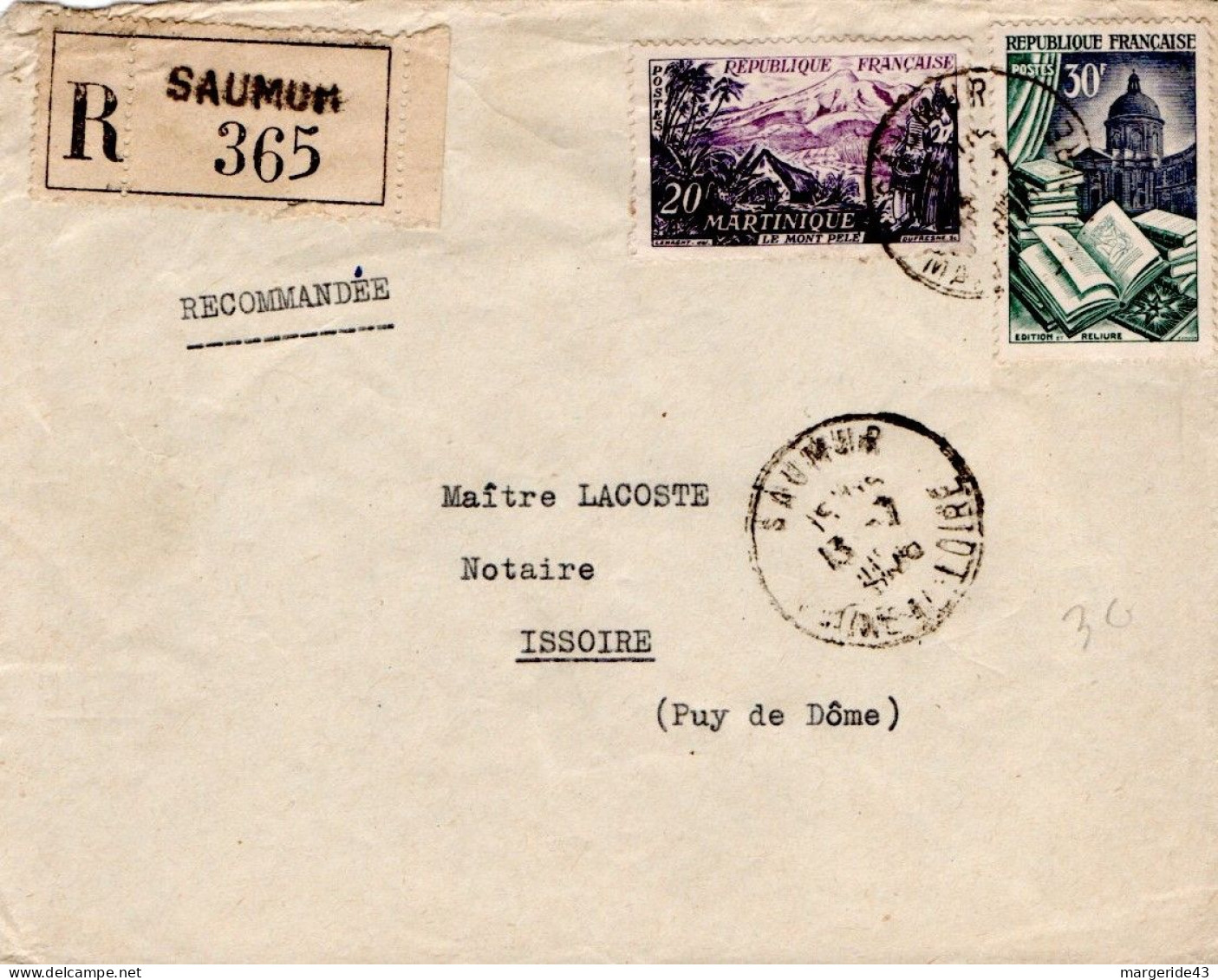 AFFRANCHISSEMENT COMPOSE SUR LETTRE RECOMMANDEE DE SAUMUR 1956 - Tarifs Postaux