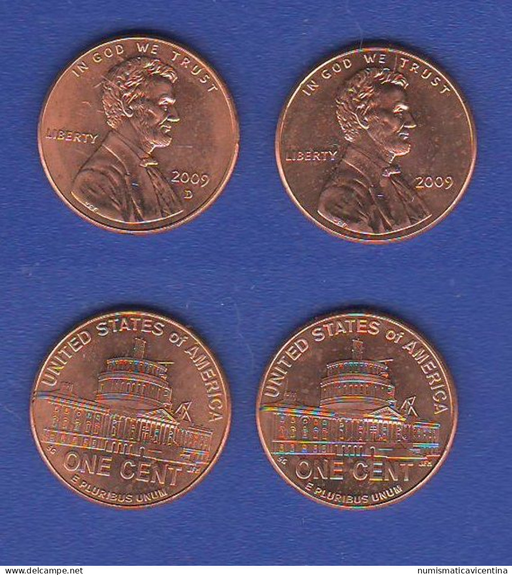 United States 2 X ONE Lincoln CENT 2009 Washington DC Mint D + No Mint 1 Cent Lincoln America USA - 1959-…: Lincoln, Memorial Reverse