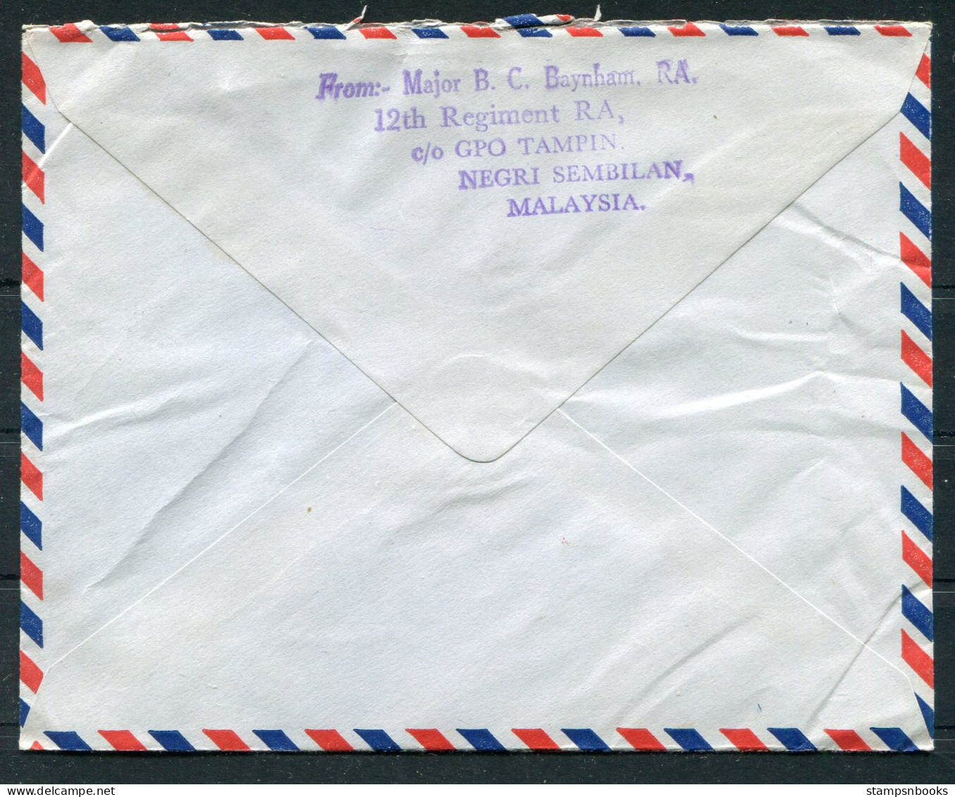 Forces Airmail Cover Negri Sembilan Malaya, Major Baynham RA, 12th Regiment, Tampin - Bath England - Negri Sembilan