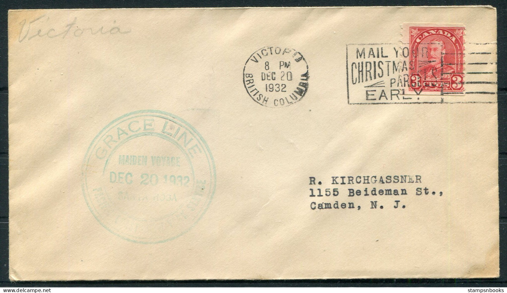 1932 Canada Victoria BC Christmas Mail, Maiden Voyage Grace Line "SANTA ROSA" Ship Cover  - Covers & Documents