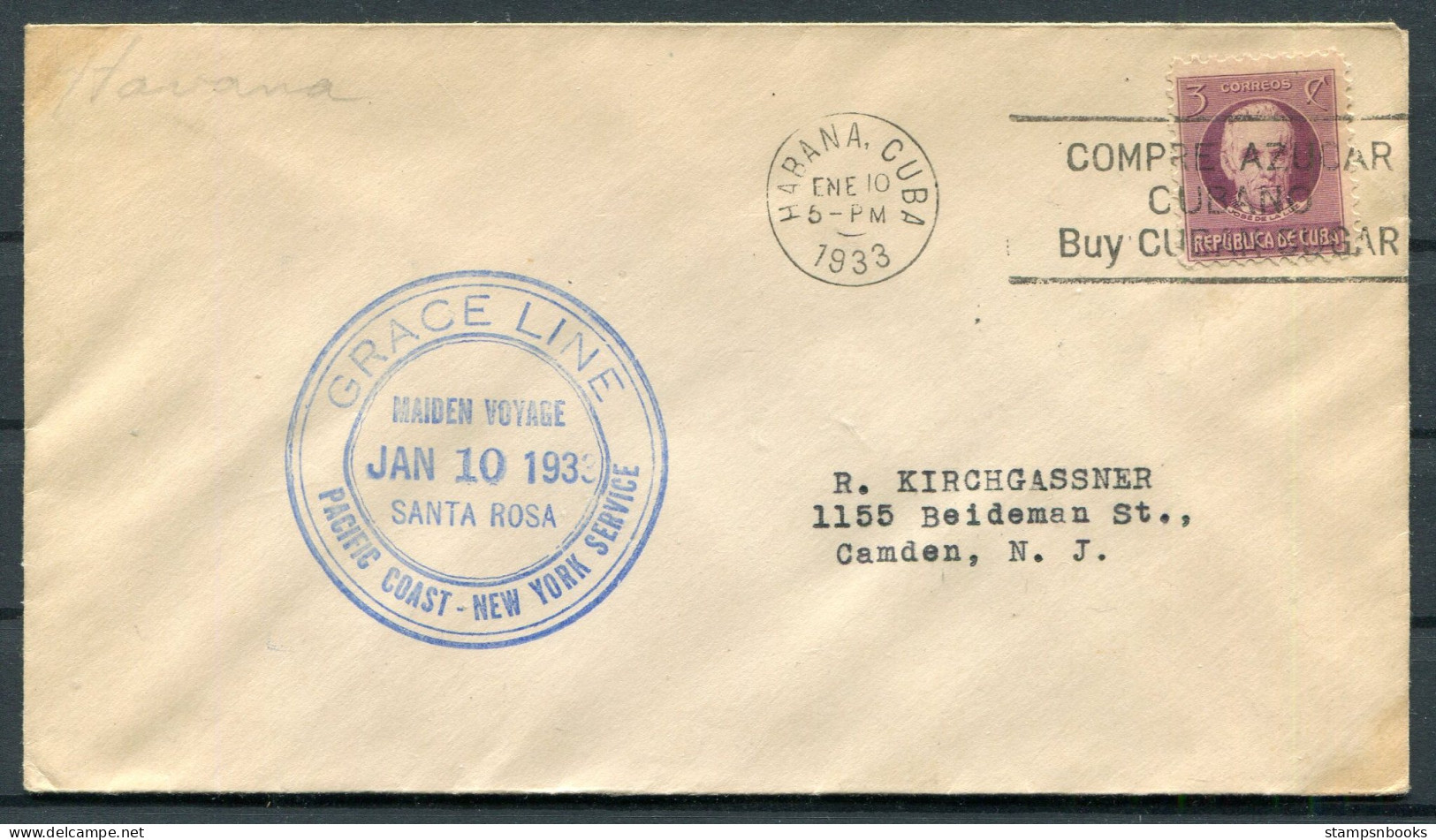 1933 Habana Cuba Maiden Voyage Grace Line "SANTA ROSA" Ship Cover  - Storia Postale