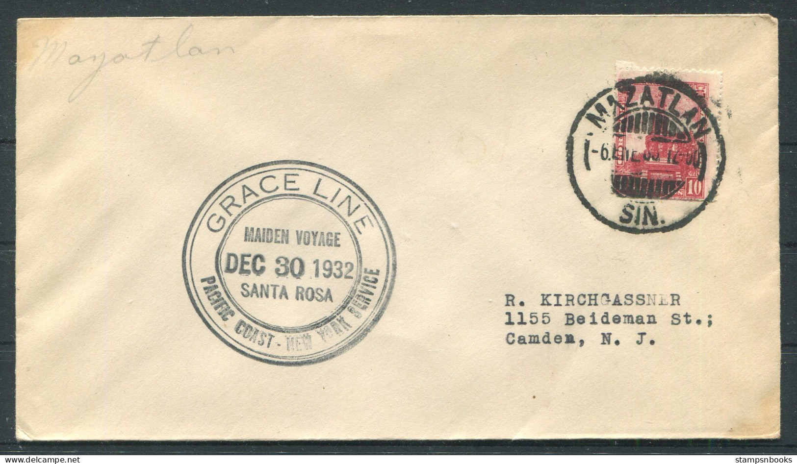 1932 Mexico Mazatlan Maiden Voyage Grace Line "SANTA ROSA" Ship Cover  - Mexique