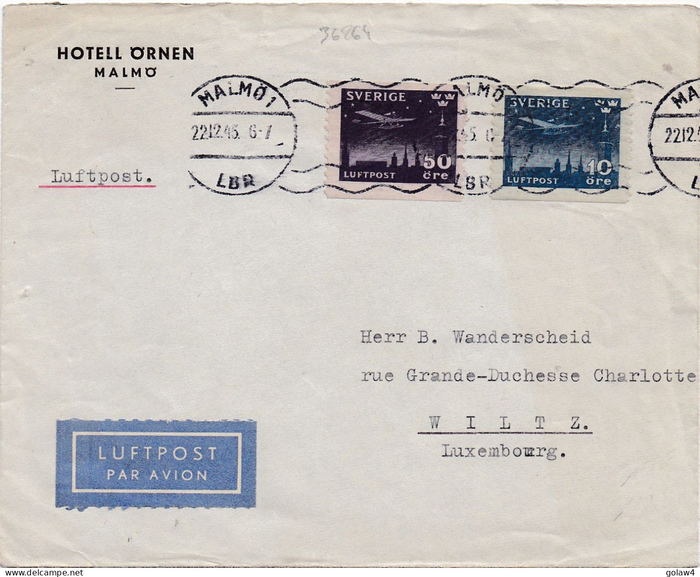 36264# LETTRE LUFTPOST HOTELL ÖRNEN Obl MALMO 1945 Pour WILTZ LUXEMBOURG VIGNETTE FRED AT KOMMANDE SLÄKTEN - Covers & Documents