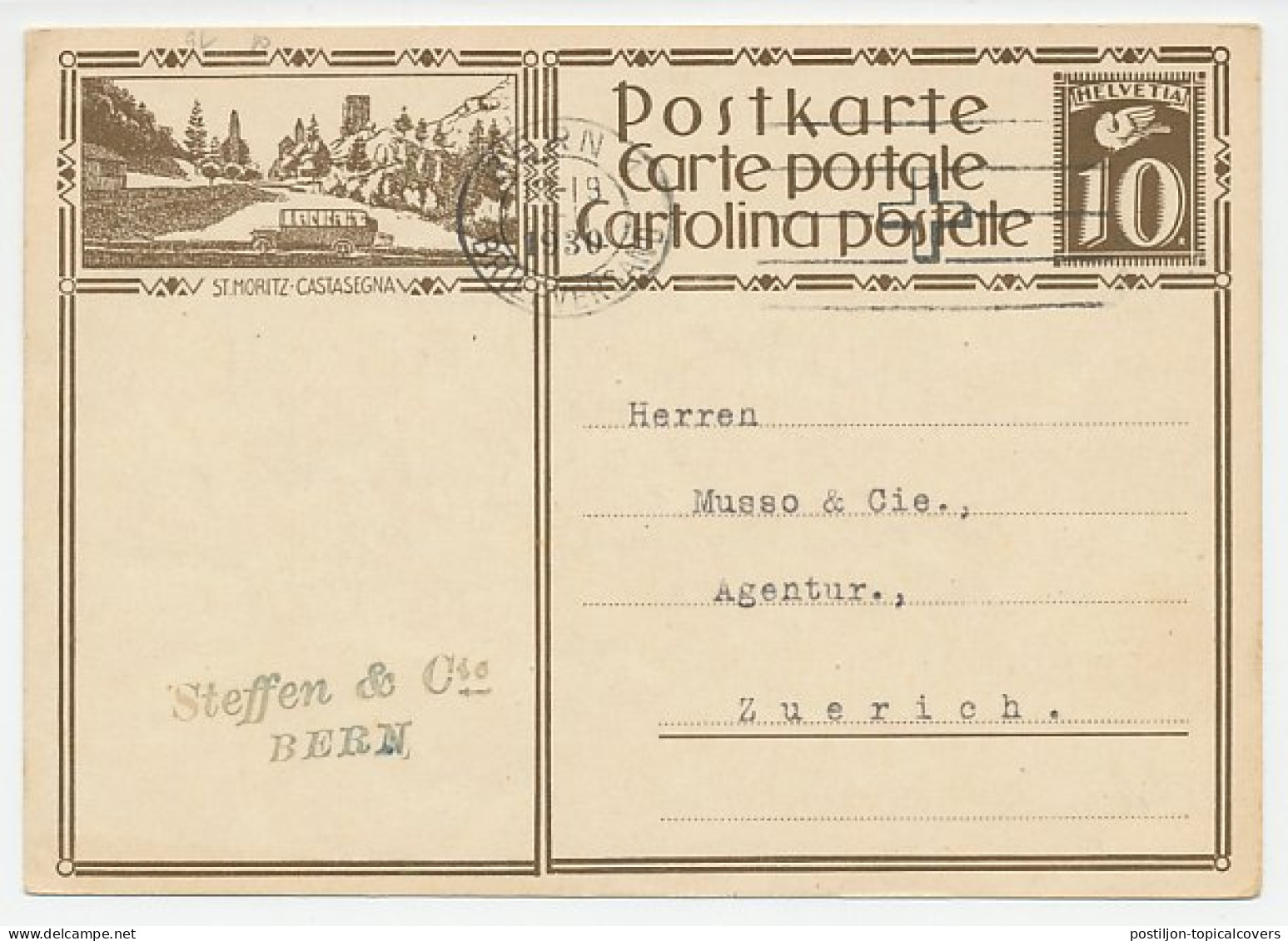 Postal Stationery Switzerland 1930 Bus - St. Moritz - Bus