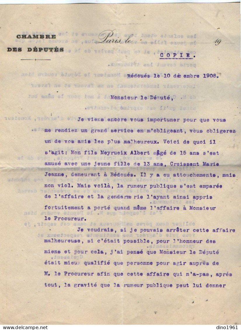 VP23.041 - PARIS X BEDOUES 1908 - Lettre Du Député LOUIS - DREYFUS ( Affaire De Moeurs ) à M. Le Procureur à FLORAC - Collections
