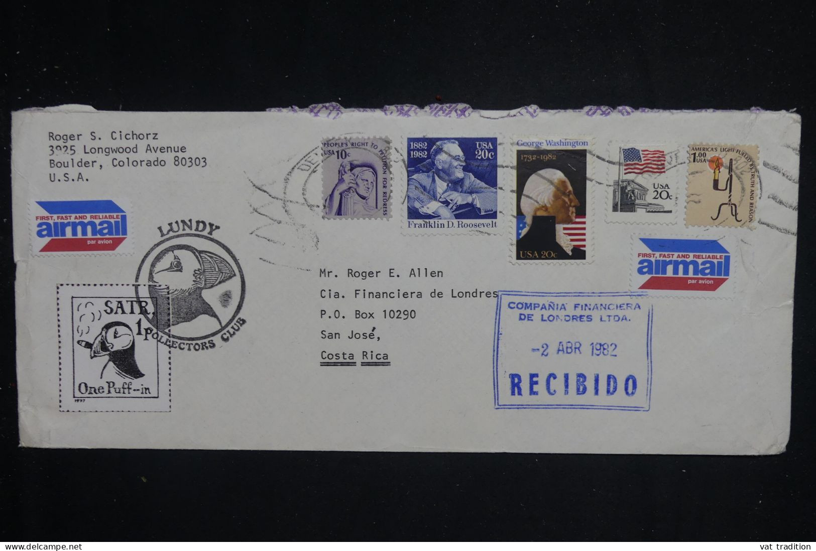 ETATS UNIS - Enveloppe Illustrée ( Lundy) De Boulder Pour Le Costa Rica En 1982, Vignette Au Dos - L 150442 - Cartas & Documentos