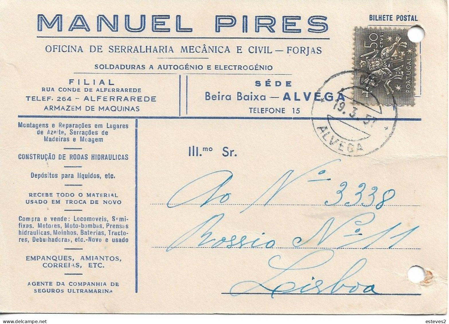 Portugal , 1957 , ALVEGA Postmark , Advertising Postcard MANUEL PIRES - Marcophilie