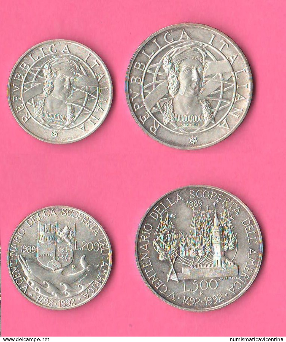 ITALIA 200 + 500 Lire 1989 Scoperta America Discovery Columbus Italie Italy Silver Coins - Conmemorativas