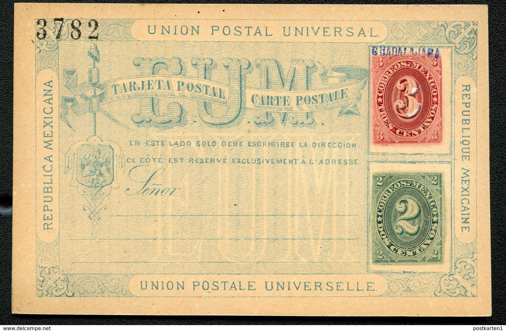 Mexico Postal Card MEPSI #PC4 Control Number #3782 GUADALAJARA Mint Vf 1882 - Mexique