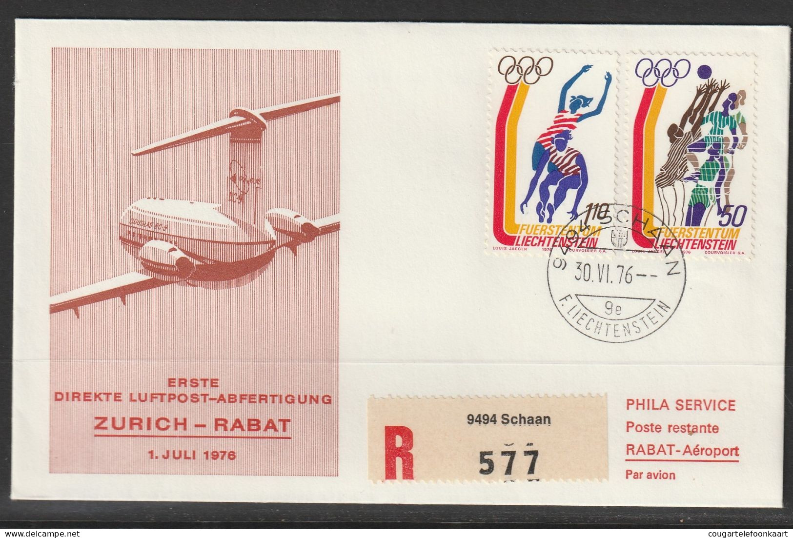 1976, Erste Direkte Luftpost-Abfertigung, Liechtenstein - Rabat Marocco - Aéreo