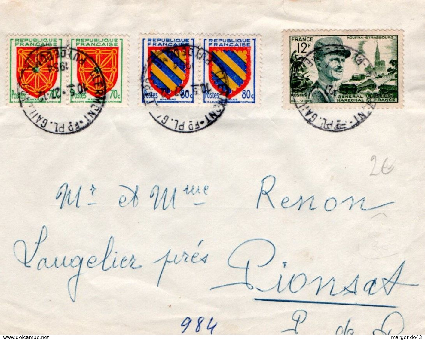 AFFRANCHISSEMENT COMPOSE SUR LETTRE DE CLERMONT FERRAND 1954 - Posttarieven