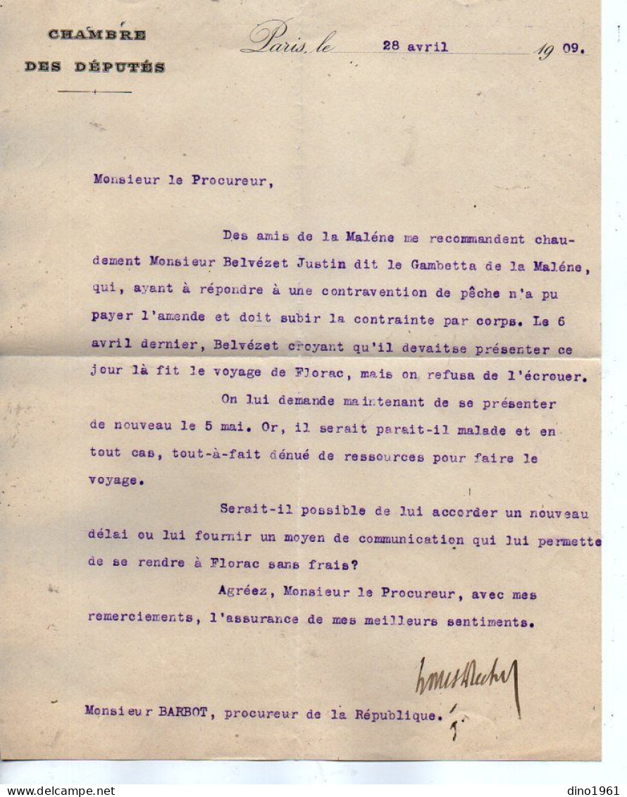 VP23.042 - PARIS X LA MALENE 1909 - Lettre Du Député LOUIS - DREYFUS ( Contravention De Pêche ) à M. BARBOT à FLORAC - Collections