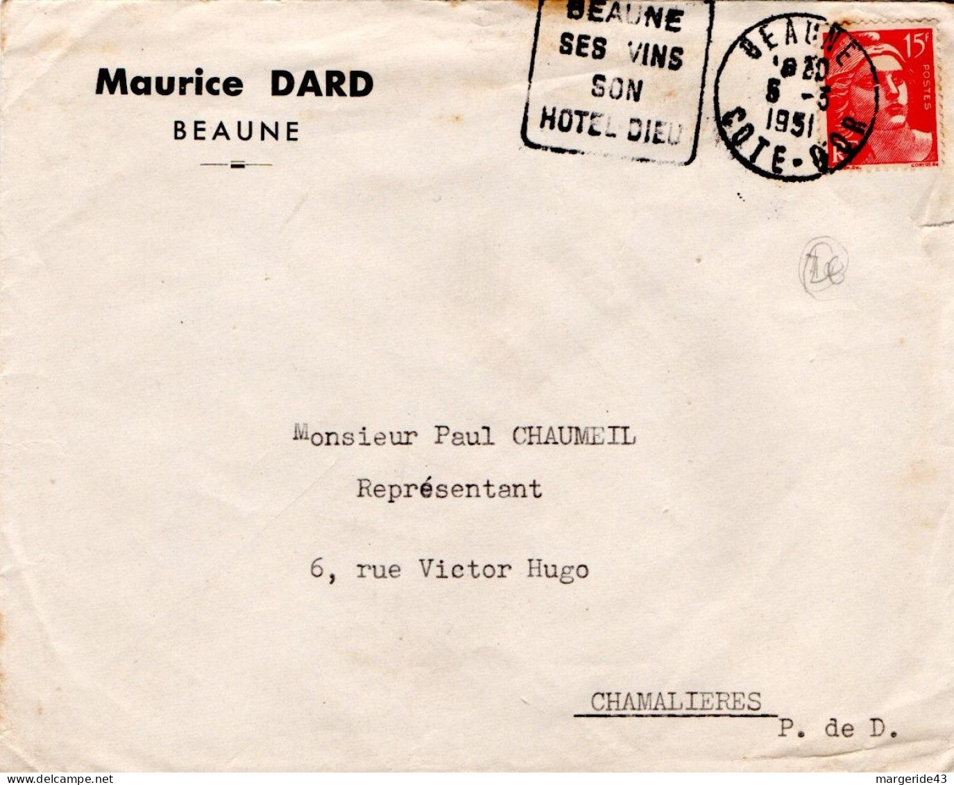 DAGUIN DE BEAUNE SUR LETTRE A EN TETE 1951 - Posttarieven