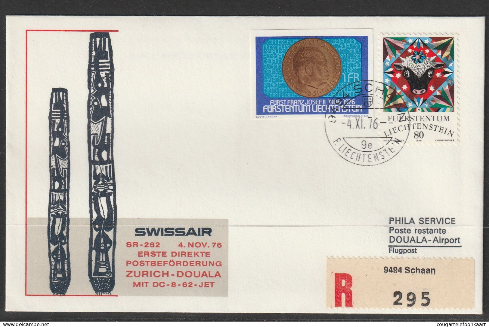 1976, Swissair, Erstflug, Liechtenstein - Doula Cameroon - Luchtpostzegels