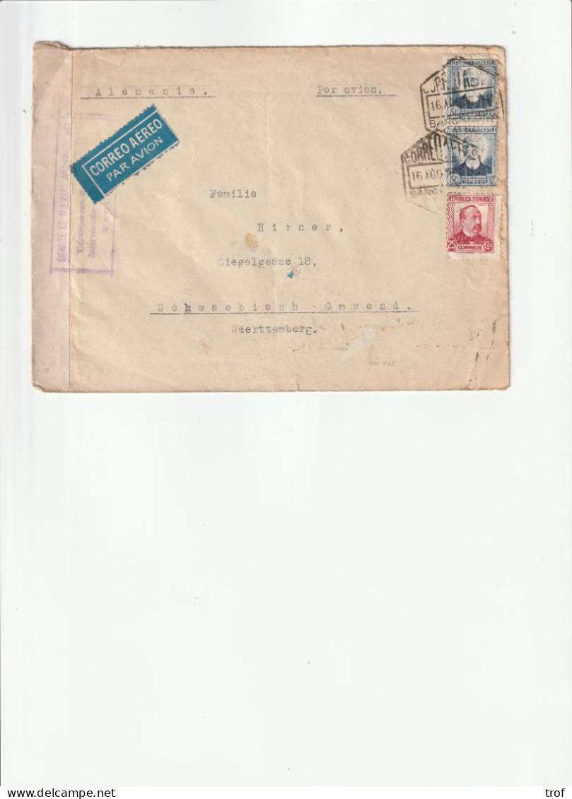 Lettre De Barcelona Du 16 Août 1936 Pour Paris Comité Des Milices Anti Fascistes De Barcelona Pour Paris Par Avion. - Republicans Censor Marks