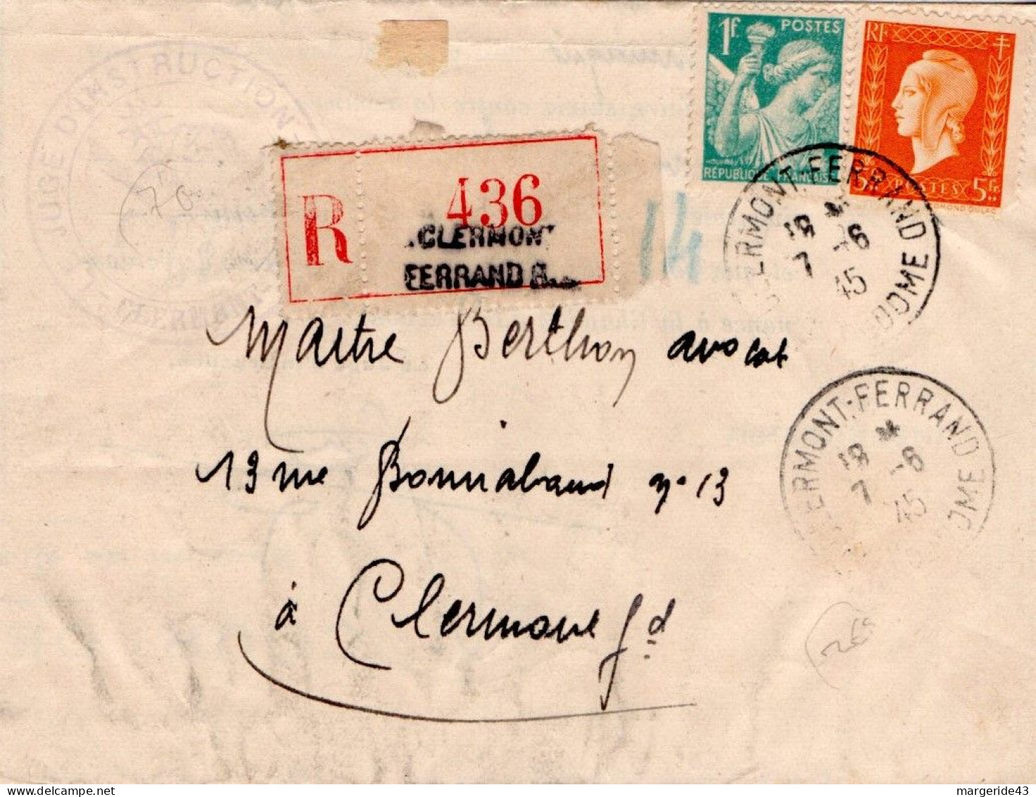 AFFRANCHISSEMENT COMPOSE SUR PLI RECOMMANDE DE CLERMONT FERRAND 1945 - Postal Rates