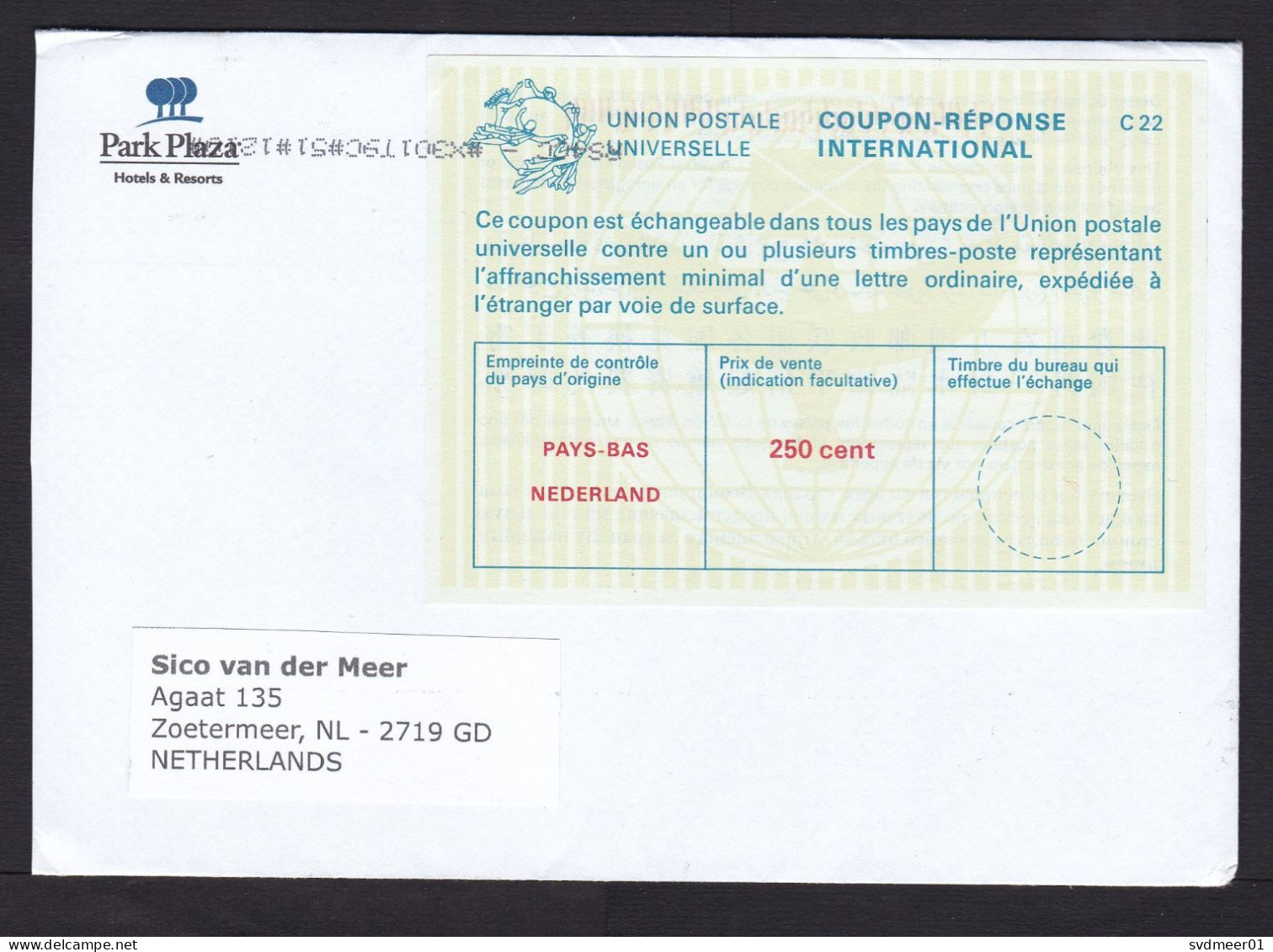 Netherlands: Cover, 2000s, Curiosity: C22 Reply Coupon Used As Stamp, No Cancel Only Sorting Marks (traces Of Use) - Cartas & Documentos