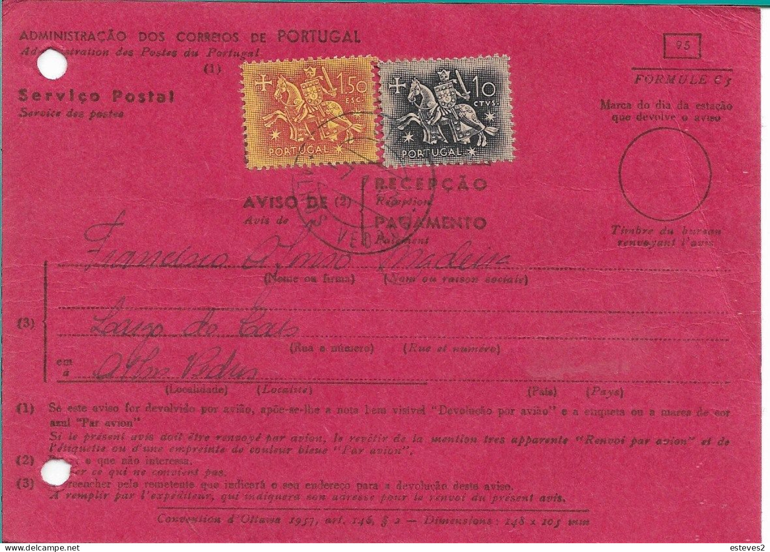 Portugal , 1963 , Receipt Acknowledgment Postcard , Aviso De Receção , Alhos Vedros Postmark - Briefe U. Dokumente