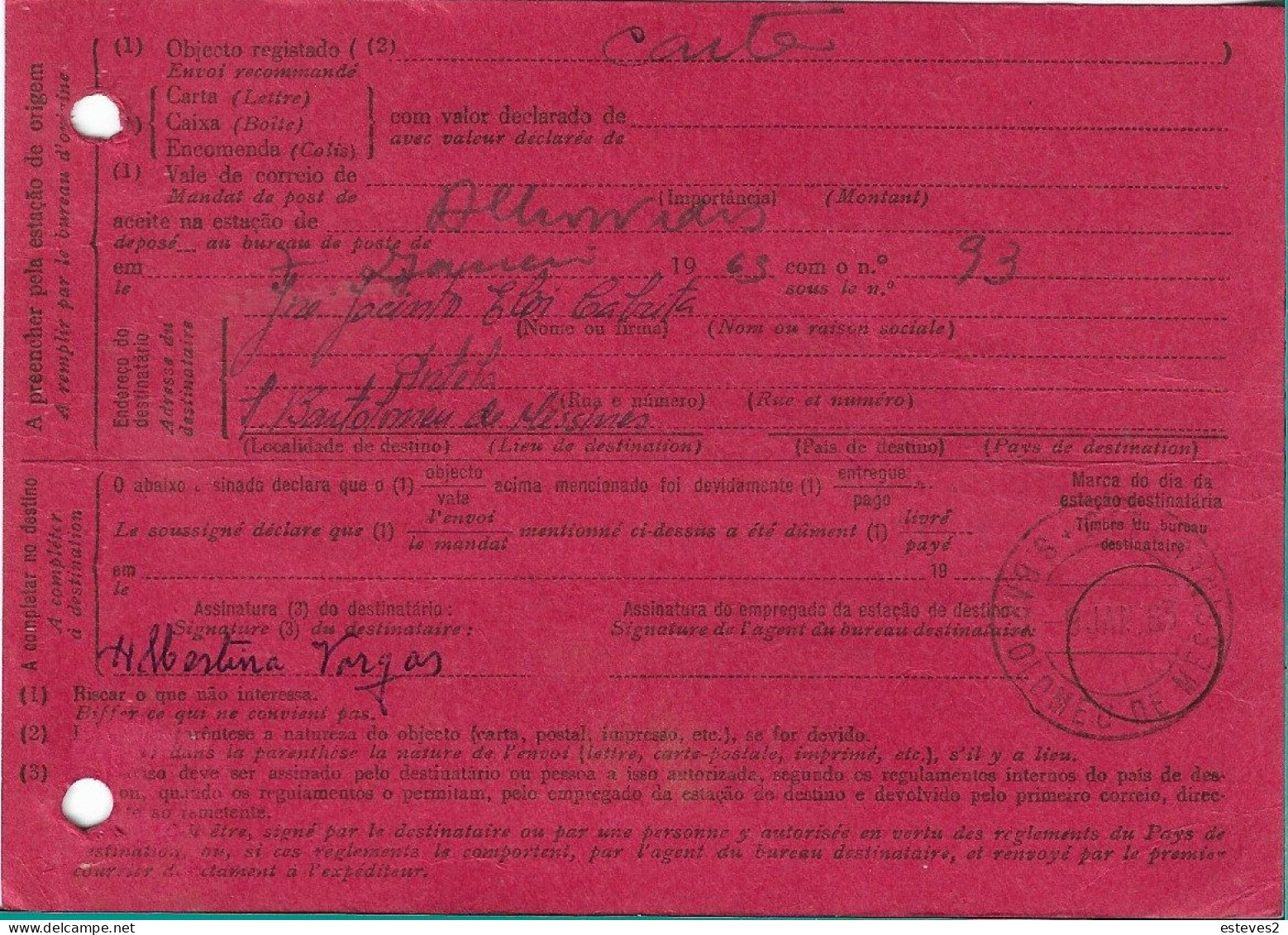 Portugal , 1963 , Receipt Acknowledgment Postcard , Aviso De Receção , Alhos Vedros Postmark - Brieven En Documenten