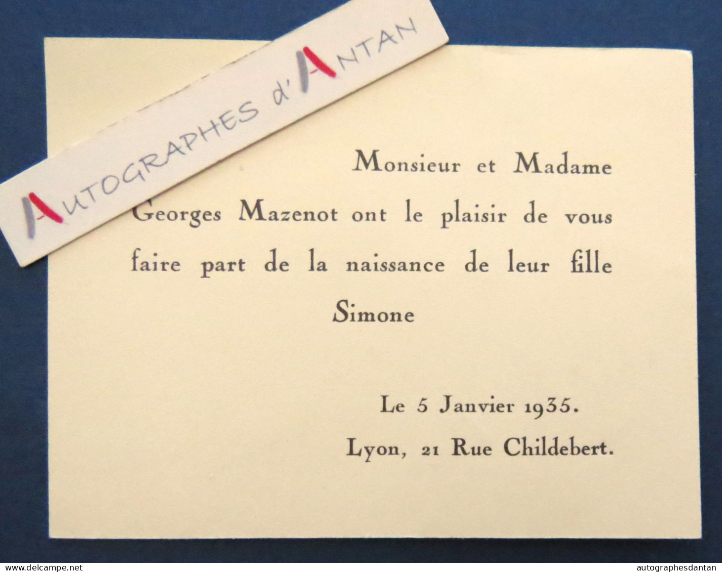 ● Lyon 1935 M & Mme Georges MAZENOT Faire Part De Naissance De Leur Fille Simone - 21 Rue Childebert - Birth & Baptism