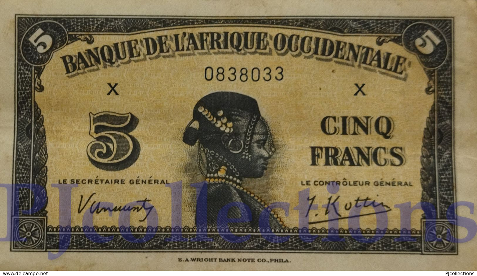 FRENCH WEST AFRICA 5 FRANCS 1942 PICK 28a XF GOOD SERIAL NUMBER "X0838033" - Other - Africa