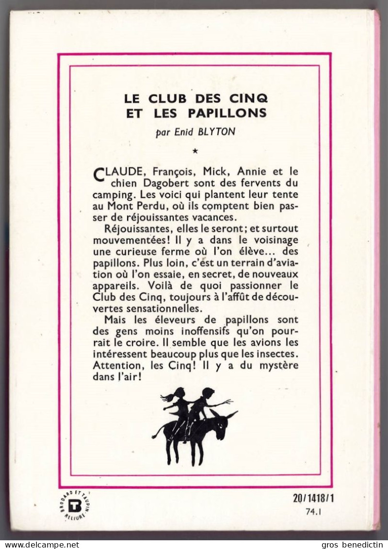 Hachette - Bibliothèque Rose - Enid Blyton  - "Le Club Des Cinq Et Les Papillons" - 1974 - Bibliothèque Rose