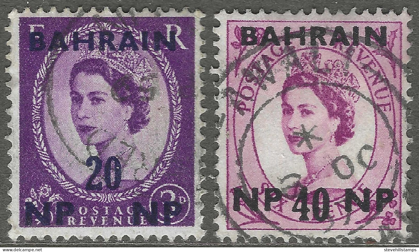 Bahrain. 1957-59 QEII Stamps Of GB Surcharged. 20np On 3d, 40np On 6d Used. SG 108, 110. M3058 - Bahrein (...-1965)