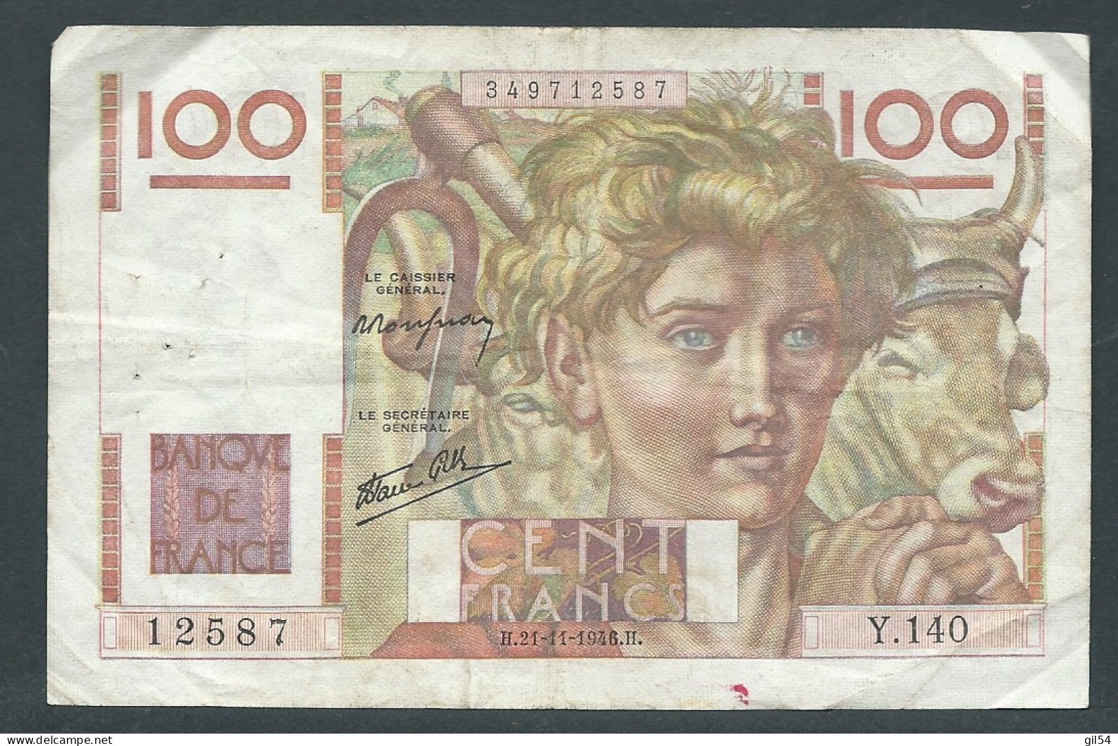 France -  Billet 100 Francs - Jeune Paysan  H.21/11/1946.H.    12587 Y.140   LAURA 118 012 - 100 F 1945-1954 ''Jeune Paysan''