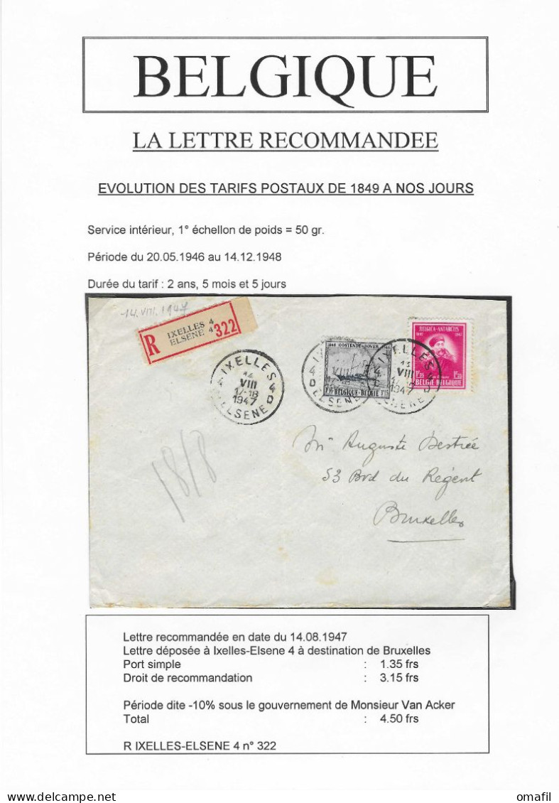 Aangetekende Brief Verstuurd Van Ixelles Naar Bruxelles 14.8.1947 - 1936-1957 Offener Kragen