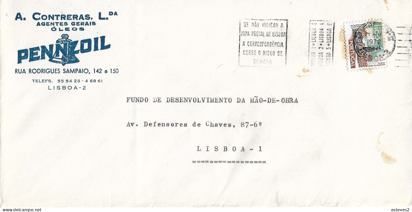 Portugal , 1972 Advertising Envelope , PENNZOIL Oils , A. Contreras General Agents - Pubblicitari